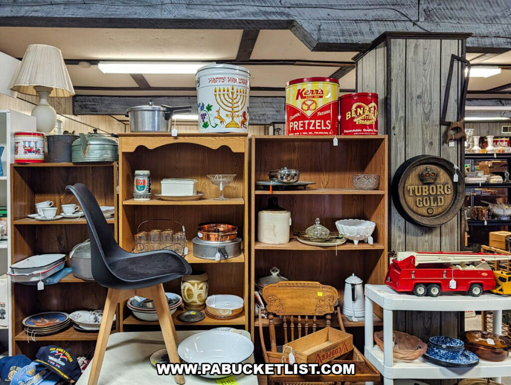 A display area at Black Shutter Antiques in New Oxford, Pennsylvania, featuring wooden shelving with vintage dishes, pretzel tins, kitchenware, small furniture, advertising signs, and a red toy fire truck inside the multi-vendor antique store