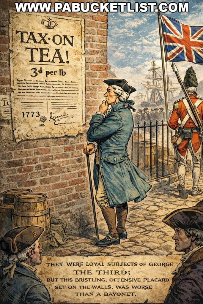 Illustration of a colonial street scene showing a British tax notice for tea posted on a brick wall, with redcoat soldiers and ships in the harbor, symbolizing the unrest that led to independence and the historic Pennsylvania sites tied to America250.