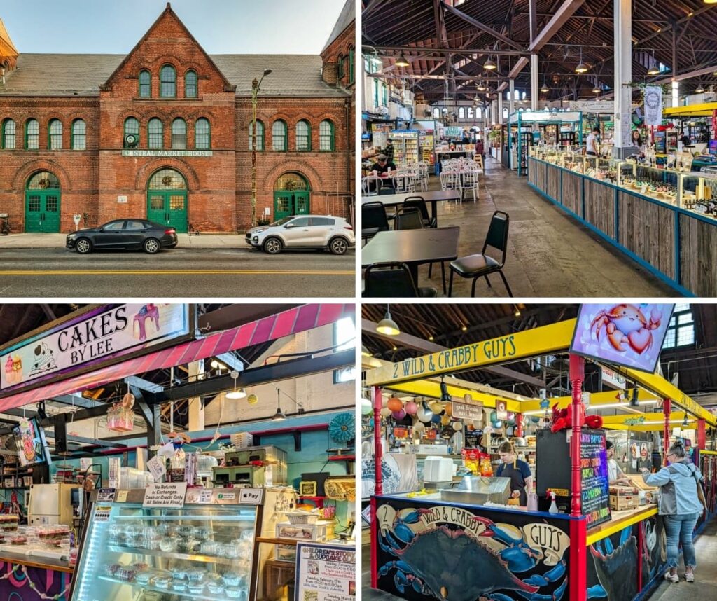 Collage of four views of York Central Market in York County, Pennsylvania, featuring the historic brick Central Market House exterior, an interior dining and vendor area with high wooden ceilings, a bakery counter filled with cakes and desserts, and a colorful seafood stand serving crab and fried foods.