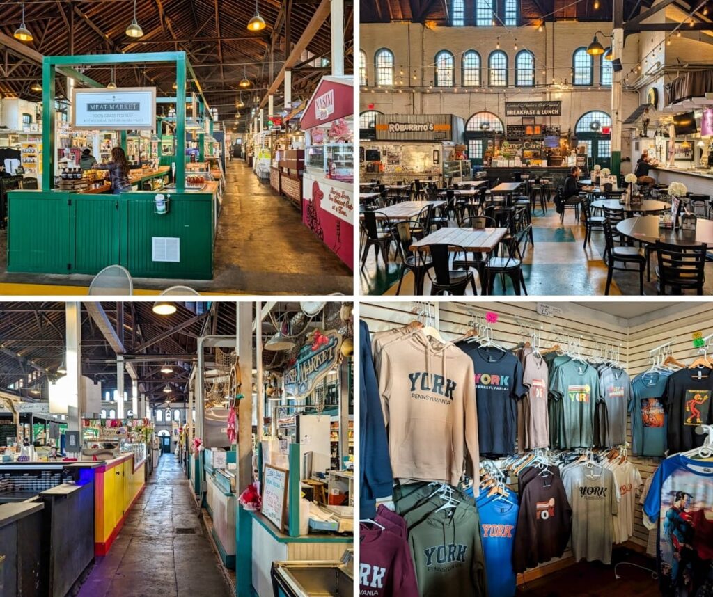 Collage of four interior views of York Central Market in York County, Pennsylvania, showing colorful vendor stalls, a large seating area with tables under a high wooden ceiling, aisles lined with food counters, and a shop display of โYork, Pennsylvaniaโ T-shirts and hoodies.