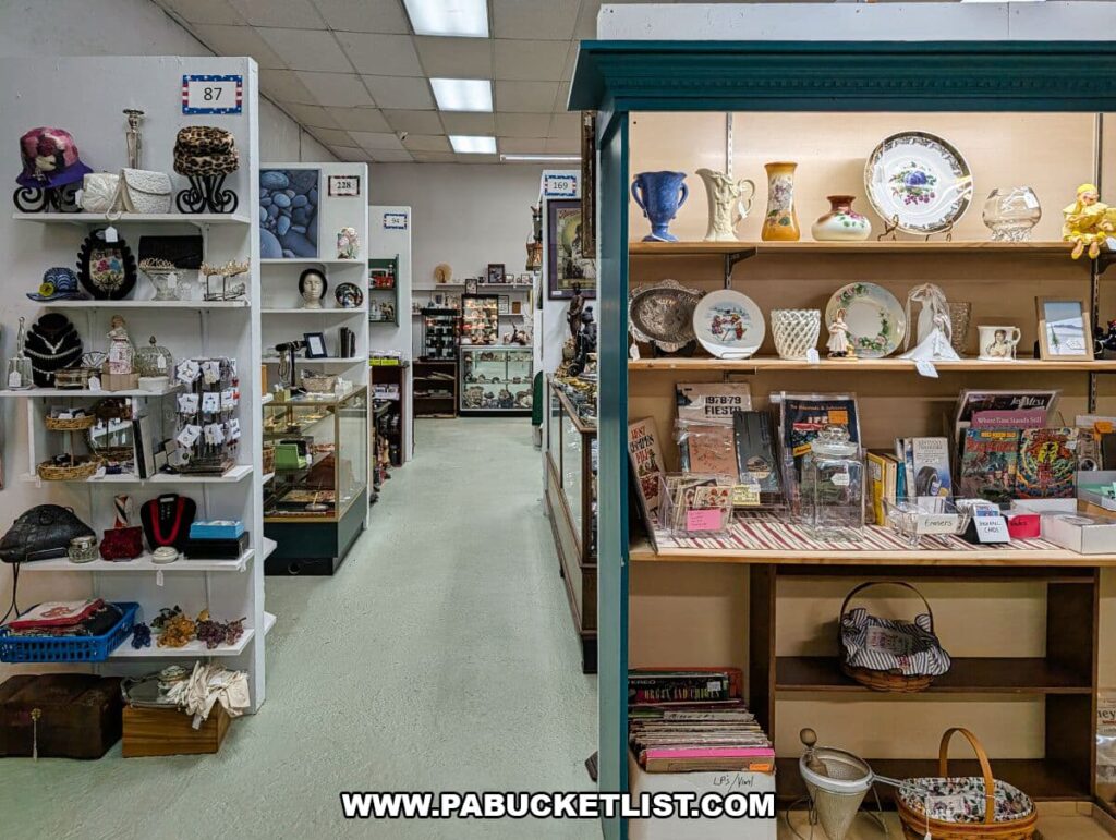 Interior aisle at Crossroads Antique Mall in Hershey, Pennsylvania, showing a row of vendor booths filled with vintage glassware, pottery, jewelry, books, vinyl records, handbags, and small collectibles arranged on shelves and display cases.