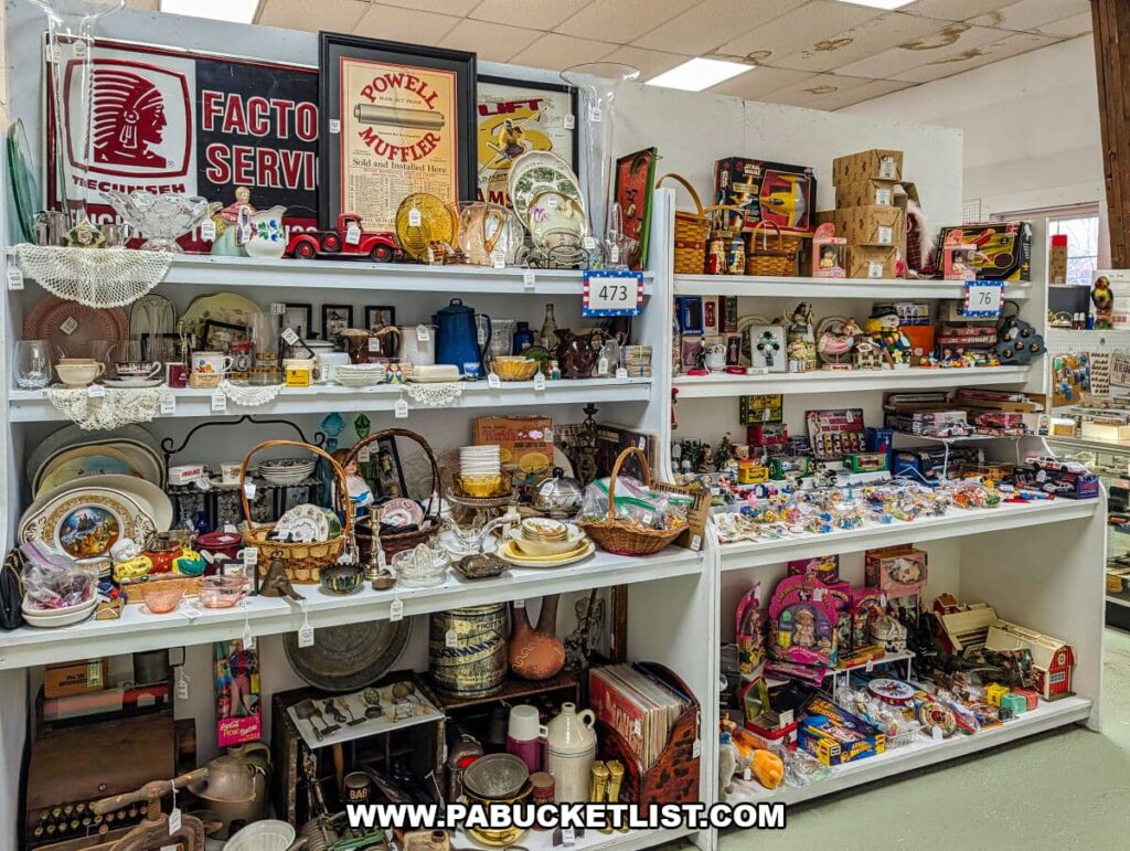 Long vendor shelves at Crossroads Antique Mall in Hershey, Pennsylvania, filled with vintage glassware, dishes, baskets, toys, tin signs, records, and assorted collectibles displayed in a multi-vendor barn setting.