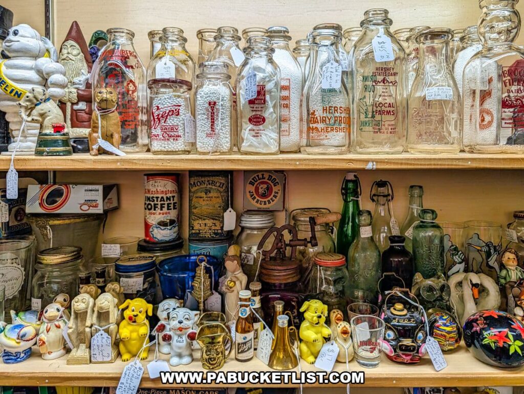 Shelf display at Crossroads Antique Mall in Hershey, Pennsylvania, featuring vintage milk bottles from local dairies, old glass jars, soda bottles, salt and pepper shakers, figurines, and small nostalgic collectibles arranged in a rustic barn setting.