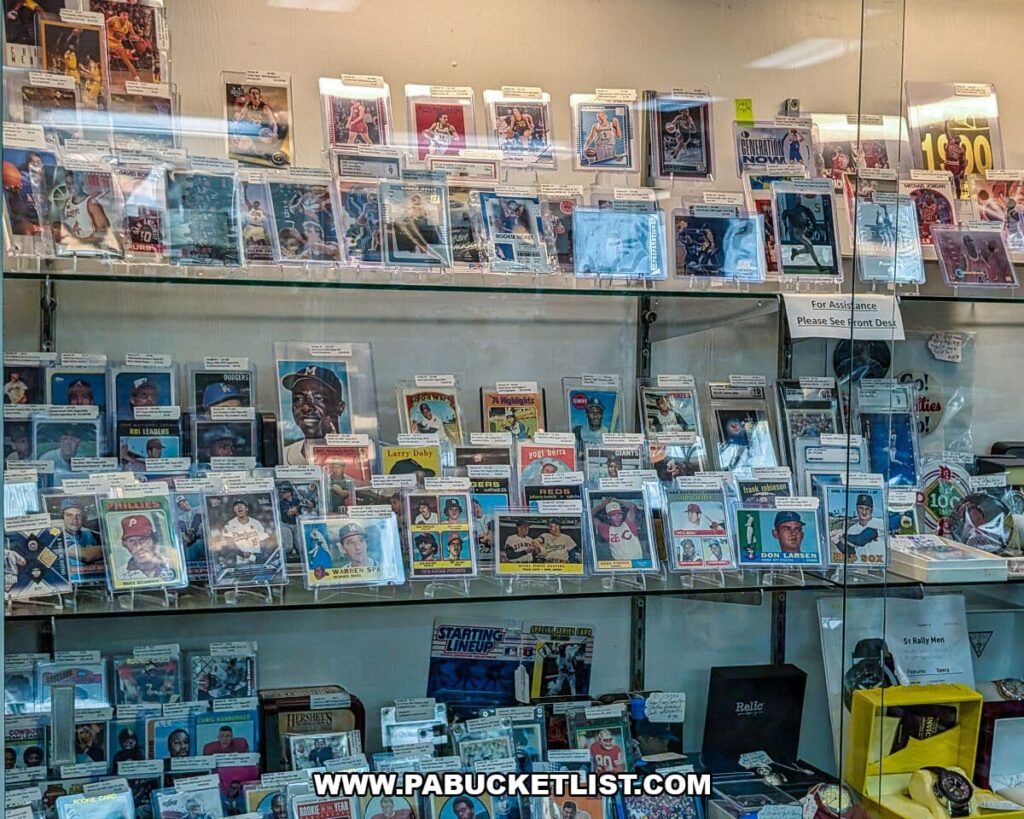 Glass display case at Crossroads Antique Mall in Hershey, Pennsylvania, showcasing vintage baseball and basketball trading cards, rookie cards, and sports memorabilia neatly arranged on multiple shelves inside the historic barn.