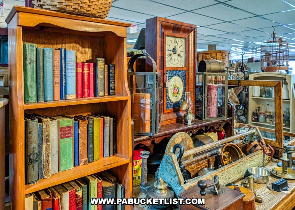 Interior display at Dover Antique Mall in York County, Pennsylvania, featuring a wooden bookcase filled with antique hardback books alongside a vendor table displaying a vintage wall clock, lanterns, baskets, and rustic household antiques.