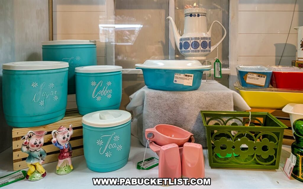 Close-up of a vendor display at Dover Antique Mall in York County, Pennsylvania, featuring colorful vintage kitchenware including teal sugar, coffee, and tea canisters, Pyrex-style dishes, ceramic figurines, and retro countertop accessories.