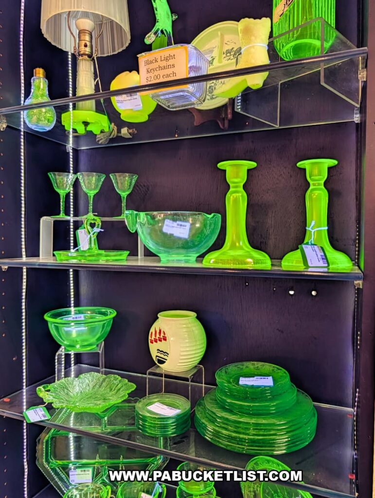 Glass display case inside Dover Antique Mall in York County, Pennsylvania, showcasing glowing green vintage uranium glass pieces including plates, bowls, candlesticks, serving dishes, and stemware arranged on clear shelves.
