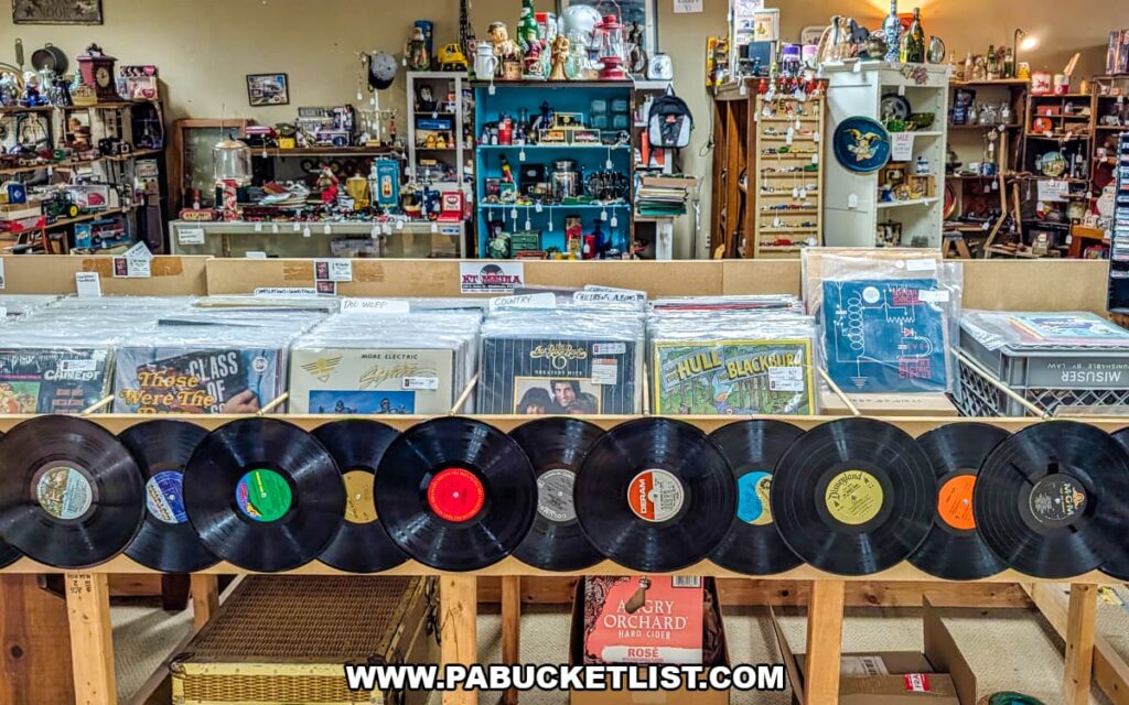 Interior view of Dover Antique Mall in York County, Pennsylvania, showing rows of vintage vinyl records displayed in wooden bins with album covers visible, surrounded by shelves of retro collectibles and memorabilia from multiple vendors.