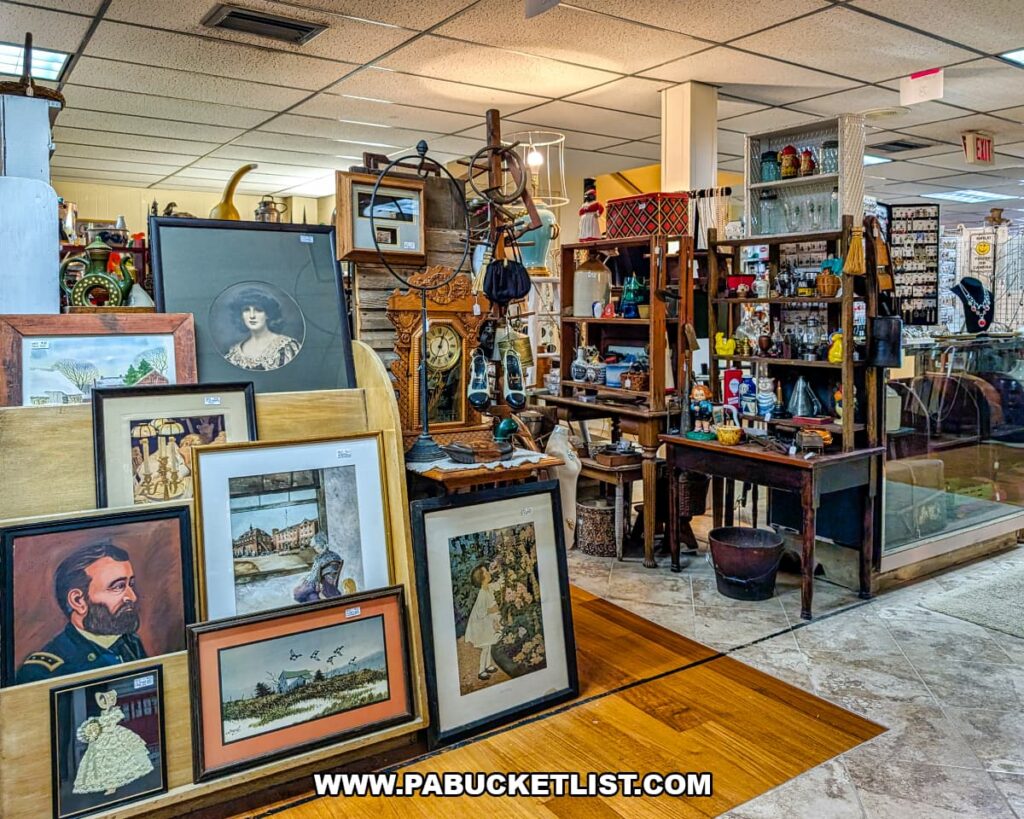 Interior view of Dover Antique Mall in York County, Pennsylvania, featuring framed vintage artwork leaning on display racks, an ornate antique wall clock, rustic shelving units, and glass display cases filled with assorted collectibles from multiple vendors.