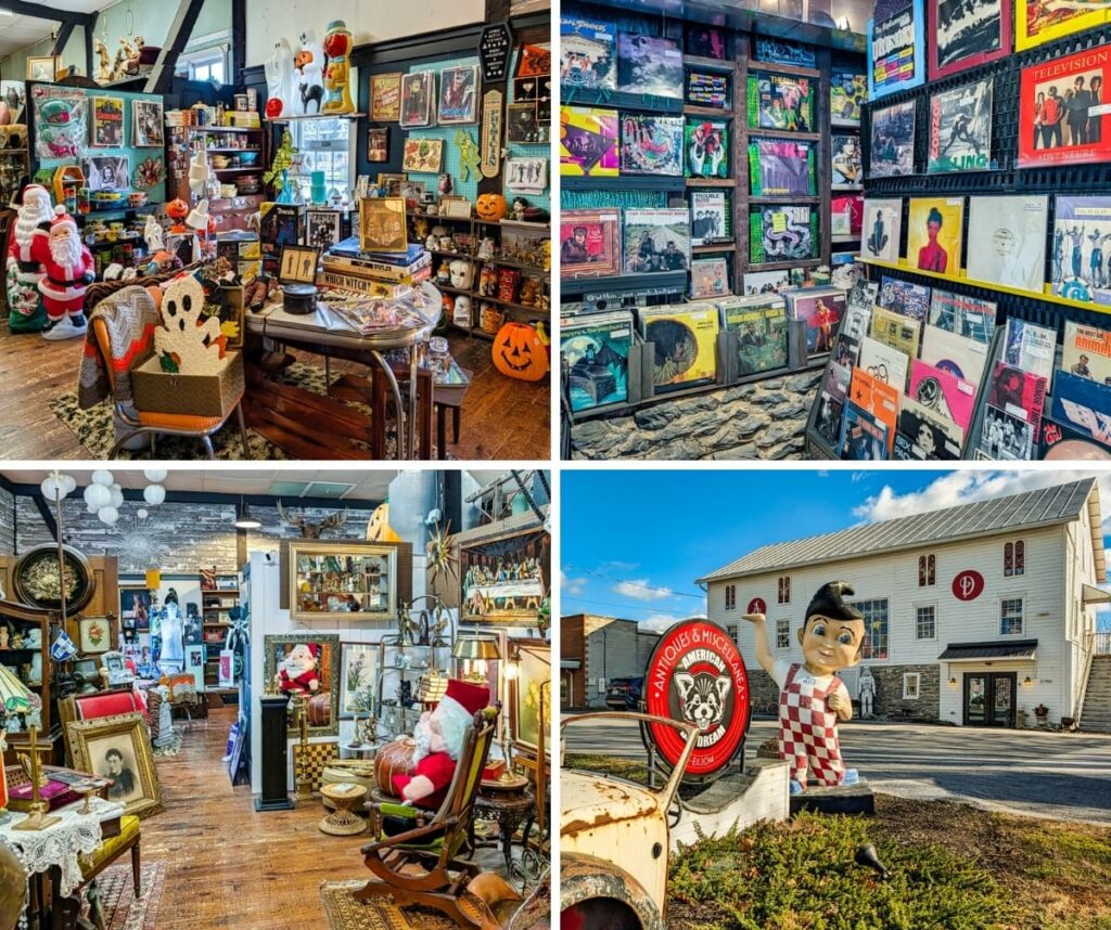 Collage of four photos at American Daydream Antiques in York County, Pennsylvania, showing eclectic interior displays of vintage decor, horror collectibles, vinyl records, and antiques, along with the exterior of the two-story antique store featuring a retro Big Boy statue and vintage signage