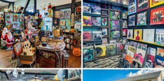 Collage of four photos at American Daydream Antiques in York County, Pennsylvania, showing eclectic interior displays of vintage decor, horror collectibles, vinyl records, and antiques, along with the exterior of the two-story antique store featuring a retro Big Boy statue and vintage signage