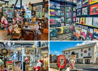 Collage of four photos at American Daydream Antiques in York County, Pennsylvania, showing eclectic interior displays of vintage decor, horror collectibles, vinyl records, and antiques, along with the exterior of the two-story antique store featuring a retro Big Boy statue and vintage signage