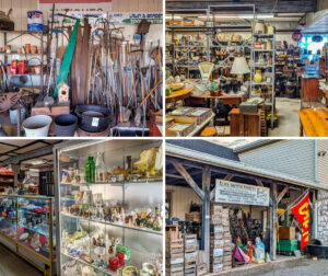 A four-photo collage showcasing Black Shutter Antiques in New Oxford, Pennsylvania, featuring antique hand tools and garden implements, crowded interior aisles filled with collectibles and furniture, glass display cases of bottles and figurines, and the rustic covered entrance with crates, tools, and vintage décor at the multi-vendor antique store