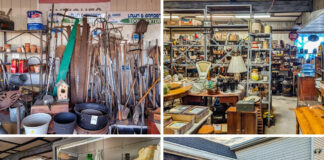A four-photo collage showcasing Black Shutter Antiques in New Oxford, Pennsylvania, featuring antique hand tools and garden implements, crowded interior aisles filled with collectibles and furniture, glass display cases of bottles and figurines, and the rustic covered entrance with crates, tools, and vintage décor at the multi-vendor antique store