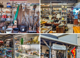 A four-photo collage showcasing Black Shutter Antiques in New Oxford, Pennsylvania, featuring antique hand tools and garden implements, crowded interior aisles filled with collectibles and furniture, glass display cases of bottles and figurines, and the rustic covered entrance with crates, tools, and vintage décor at the multi-vendor antique store