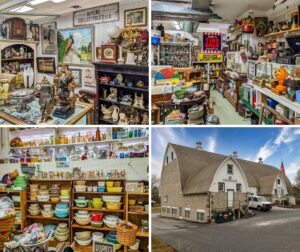 Collage of four photos from Crossroads Antique Mall in Hershey, Pennsylvania, showing curated vendor booths filled with antique furniture, advertising signs, glassware, Pyrex dishes, collectibles, and an exterior view of the historic two-level barn that houses the multi-vendor antique mall.