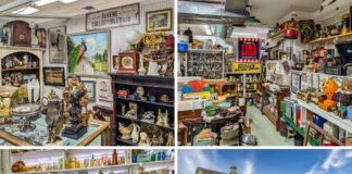 Collage of four photos from Crossroads Antique Mall in Hershey, Pennsylvania, showing curated vendor booths filled with antique furniture, advertising signs, glassware, Pyrex dishes, collectibles, and an exterior view of the historic two-level barn that houses the multi-vendor antique mall.