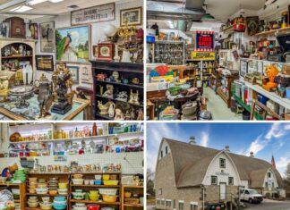 Collage of four photos from Crossroads Antique Mall in Hershey, Pennsylvania, showing curated vendor booths filled with antique furniture, advertising signs, glassware, Pyrex dishes, collectibles, and an exterior view of the historic two-level barn that houses the multi-vendor antique mall.