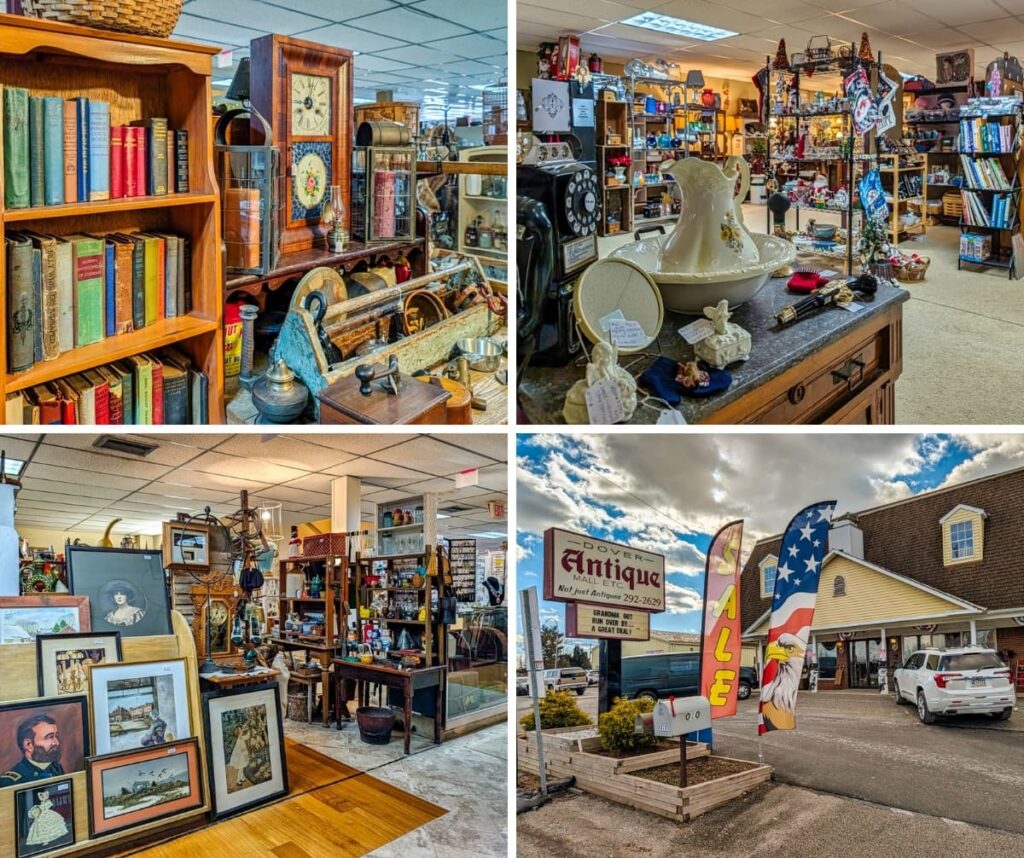 Collage of four photos taken at Dover Antique Mall in York County, Pennsylvania, showing interior vendor displays with antique books, clocks, artwork, vintage dรฉcor, and collectibles, along with an exterior view of the two-level antique mall building and roadside sign.