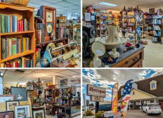 Collage of four photos taken at Dover Antique Mall in York County, Pennsylvania, showing interior vendor displays with antique books, clocks, artwork, vintage décor, and collectibles, along with an exterior view of the two-level antique mall building and roadside sign.