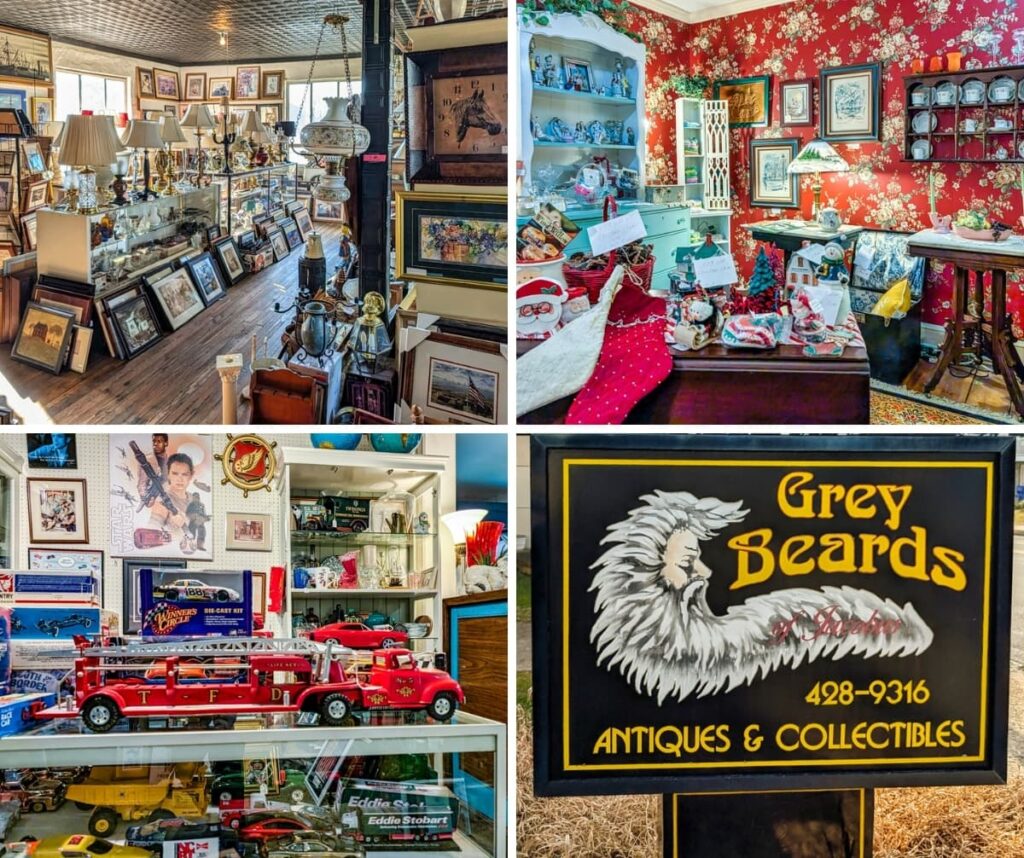 Collage of four photos highlighting Grey Beards Antiques in York County, Pennsylvania, featuring interior aisles with vintage lamps and framed art, a festive home decor booth, a glass case filled with vintage toy vehicles, and the iconic Grey Beards Antiques roadside sign at the four-story multi-vendor antique mall in Jacobus.