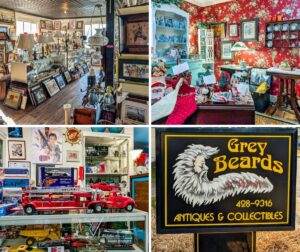 Collage of four photos highlighting Grey Beards Antiques in York County, Pennsylvania, featuring interior aisles with vintage lamps and framed art, a festive home decor booth, a glass case filled with vintage toy vehicles, and the iconic Grey Beards Antiques roadside sign at the four-story multi-vendor antique mall in Jacobus.