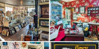 Collage of four photos highlighting Grey Beards Antiques in York County, Pennsylvania, featuring interior aisles with vintage lamps and framed art, a festive home decor booth, a glass case filled with vintage toy vehicles, and the iconic Grey Beards Antiques roadside sign at the four-story multi-vendor antique mall in Jacobus.