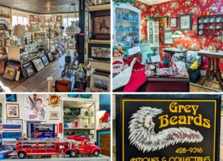 Collage of four photos highlighting Grey Beards Antiques in York County, Pennsylvania, featuring interior aisles with vintage lamps and framed art, a festive home decor booth, a glass case filled with vintage toy vehicles, and the iconic Grey Beards Antiques roadside sign at the four-story multi-vendor antique mall in Jacobus.