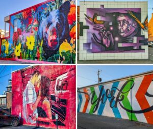 Collage of murals at Royal Square Mural Park in downtown York, Pennsylvania, featuring a vibrant black bear surrounded by flowers, a futuristic mechanical figure reaching toward butterflies, a red-toned mural of a couple kissing, and the colorful York script mural painted across a long brick wall.