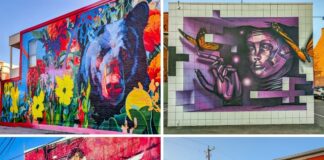 Collage of murals at Royal Square Mural Park in downtown York, Pennsylvania, featuring a vibrant black bear surrounded by flowers, a futuristic mechanical figure reaching toward butterflies, a red-toned mural of a couple kissing, and the colorful York script mural painted across a long brick wall.