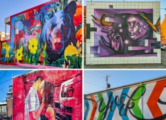 Collage of murals at Royal Square Mural Park in downtown York, Pennsylvania, featuring a vibrant black bear surrounded by flowers, a futuristic mechanical figure reaching toward butterflies, a red-toned mural of a couple kissing, and the colorful York script mural painted across a long brick wall.