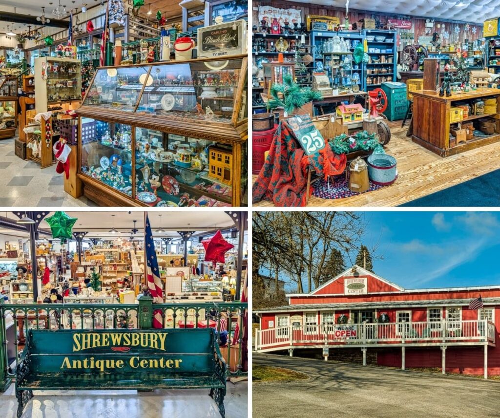 Collage showing interior vendor booths filled with antiques and collectibles, a balcony view overlooking the lower level with a Shrewsbury Antique Center bench, and the red barn-style exterior of Shrewsbury Antique Center in York County, Pennsylvania.