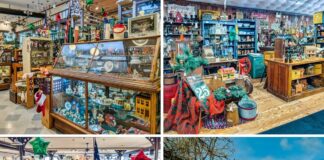 Collage showing interior vendor booths filled with antiques and collectibles, a balcony view overlooking the lower level with a Shrewsbury Antique Center bench, and the red barn-style exterior of Shrewsbury Antique Center in York County, Pennsylvania.