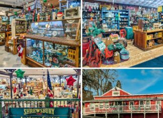 Collage showing interior vendor booths filled with antiques and collectibles, a balcony view overlooking the lower level with a Shrewsbury Antique Center bench, and the red barn-style exterior of Shrewsbury Antique Center in York County, Pennsylvania.