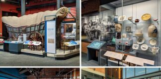 Collage of four photos from the York County History Center showing a covered wagon migration exhibit, locally made pottery and ceramics, a wall of logos from York County companies, and the modern exterior entrance of the museum.