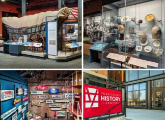 Collage of four photos from the York County History Center showing a covered wagon migration exhibit, locally made pottery and ceramics, a wall of logos from York County companies, and the modern exterior entrance of the museum.