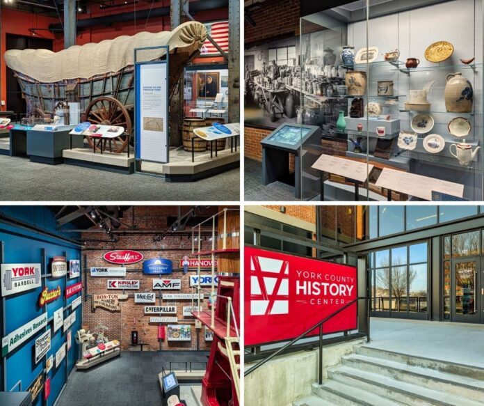 Collage of four photos from the York County History Center showing a covered wagon migration exhibit, locally made pottery and ceramics, a wall of logos from York County companies, and the modern exterior entrance of the museum.