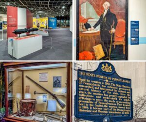 Collage of four photos from The State Museum of Pennsylvania in Harrisburg, featuring a Revolutionary War cannon exhibit, a large portrait of George Washington, a Civil War display case with weapons and personal artifacts, and an exterior historical marker describing the museum’s history and mission