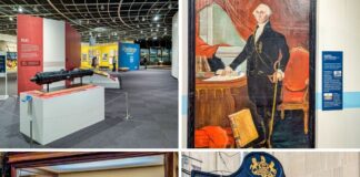 Collage of four photos from The State Museum of Pennsylvania in Harrisburg, featuring a Revolutionary War cannon exhibit, a large portrait of George Washington, a Civil War display case with weapons and personal artifacts, and an exterior historical marker describing the museum’s history and mission