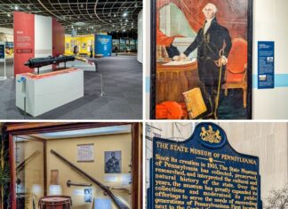 Collage of four photos from The State Museum of Pennsylvania in Harrisburg, featuring a Revolutionary War cannon exhibit, a large portrait of George Washington, a Civil War display case with weapons and personal artifacts, and an exterior historical marker describing the museum’s history and mission