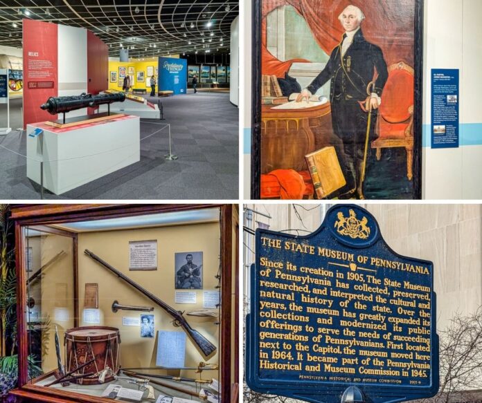 Collage of four photos from The State Museum of Pennsylvania in Harrisburg, featuring a Revolutionary War cannon exhibit, a large portrait of George Washington, a Civil War display case with weapons and personal artifacts, and an exterior historical marker describing the museum’s history and mission