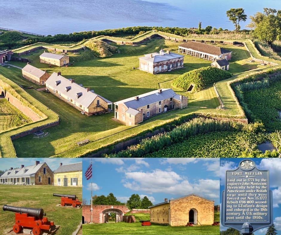 Collage of Fort Mifflin in Philadelphia, Pennsylvania, showing aerial views of the star-shaped Revolutionary War fort, historic stone buildings, cannons, and interpretive marker highlighting its role in defending the Delaware River during the fight for American independence.