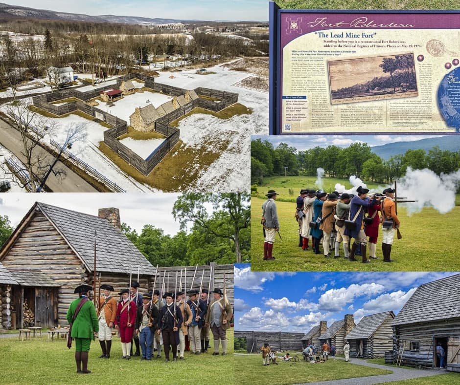 Collage of Fort Roberdeau in Blair County, Pennsylvania, featuring aerial views of the reconstructed frontier fort, log buildings, historical marker, and Revolutionary War reenactors demonstrating musket drills and daily life at this America250 historic site.
