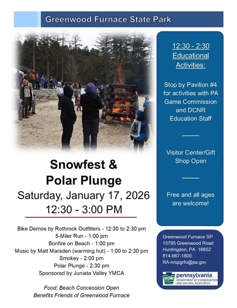 Event schedule for the 2026 Polar Plunge at Greenwood Furnace State Park in Huntingdon County PA.
