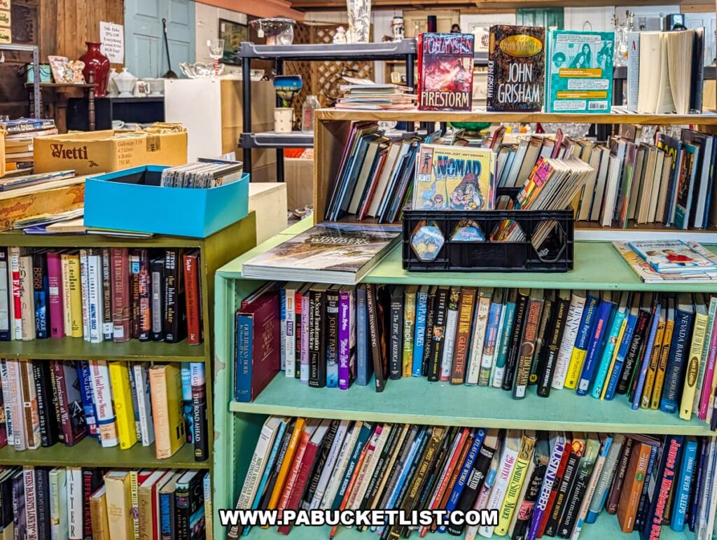 Shelves filled with vintage and used books at Grey Beards Antiques in York County, Pennsylvania, featuring a mix of hardcover and paperback novels, magazines, and boxed media arranged within a vendor booth at the multi-vendor antique mall in Jacobus.