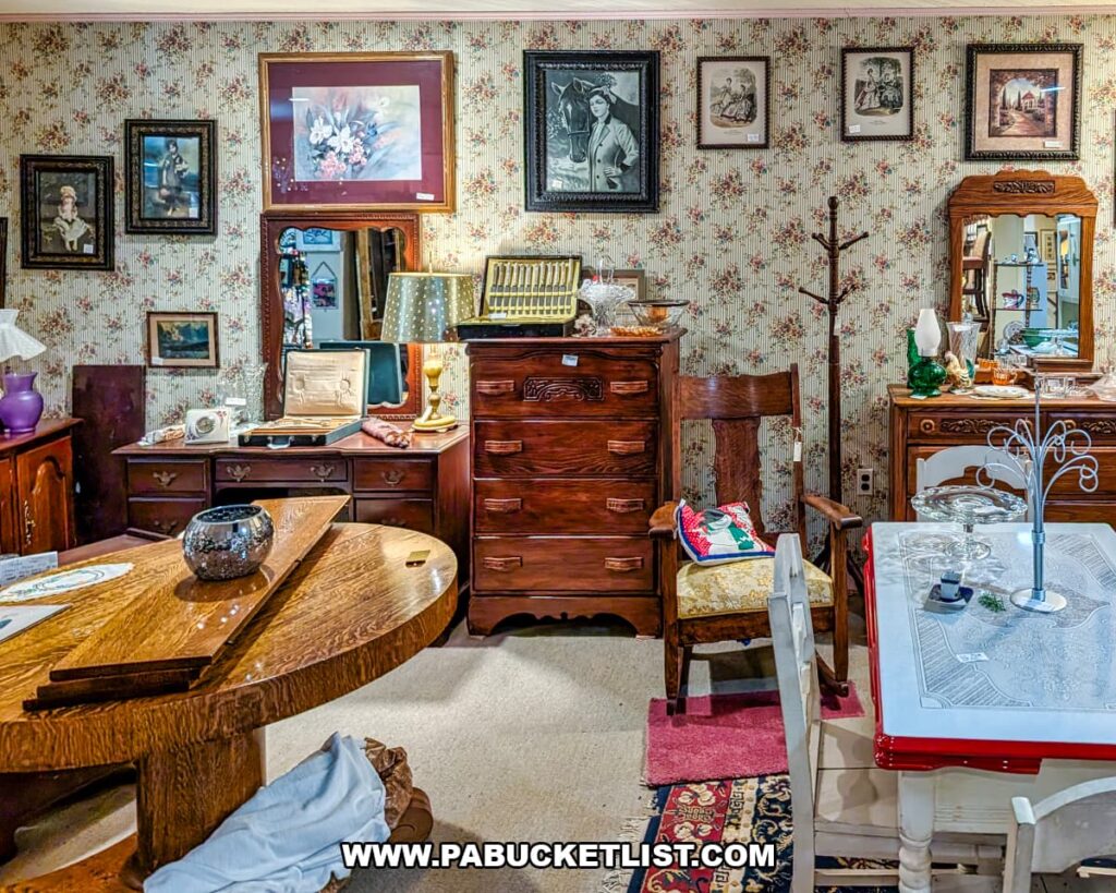 Vintage furniture and framed artwork arranged in a vendor booth at Grey Beards Antiques in York County, Pennsylvania, featuring wooden dressers, tables, chairs, mirrors, lamps, and decorative accents inside the multi-vendor antique mall in Jacobus.