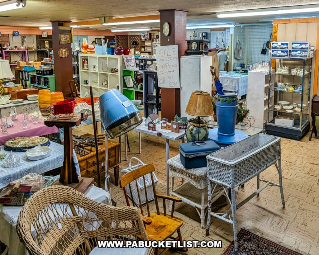 Wide interior view of Grey Beards Antiques in York County, Pennsylvania, showing a variety of vendor booths with vintage lamps, wicker furniture, glassware, kitchen items, display cases, and home decor arranged throughout the multi-vendor antique mall in Jacobus.