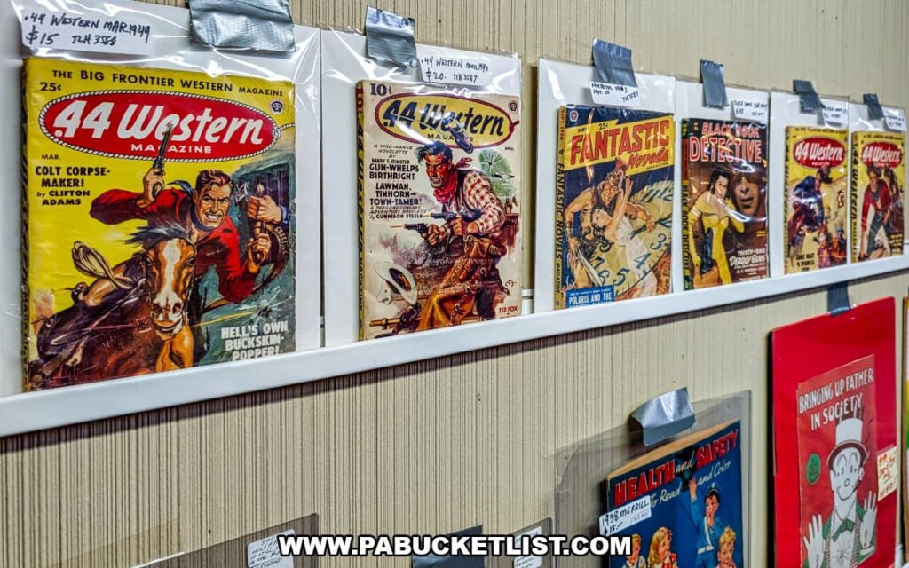Vintage pulp magazines displayed on a wall shelf at Grey Beards Antiques in York County, Pennsylvania, featuring colorful mid-century covers from titles like 44 Western, Fantastic Adventures, and detective magazines inside the multi-vendor antique mall in Jacobus.