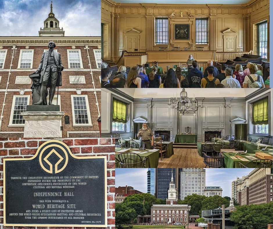 Collage of Independence Hall in Philadelphia, Pennsylvania, showing the exterior with the George Washington statue, historic assembly rooms where the Declaration of Independence was debated, and the UNESCO World Heritage marker recognizing its central role in Americaโs founding and the America250 story.