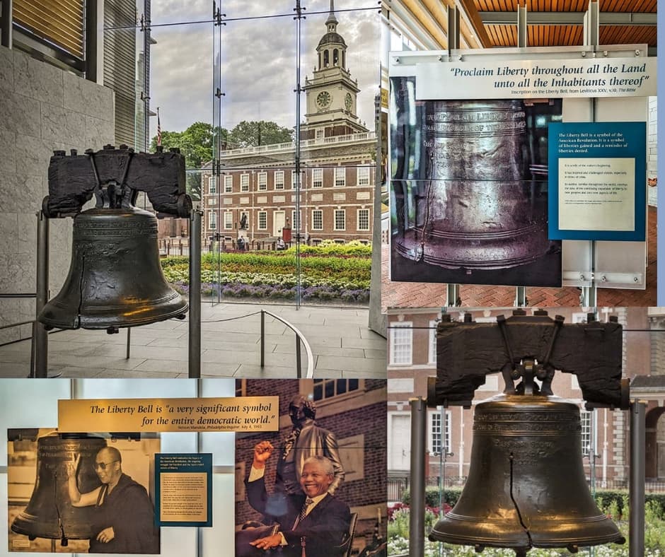 Collage of the Liberty Bell in Philadelphia, Pennsylvania, showing close-up views of the cracked bell, interpretive exhibits, and Independence Hall in the background, highlighting its role as a symbol of freedom and a key America250 historic site.